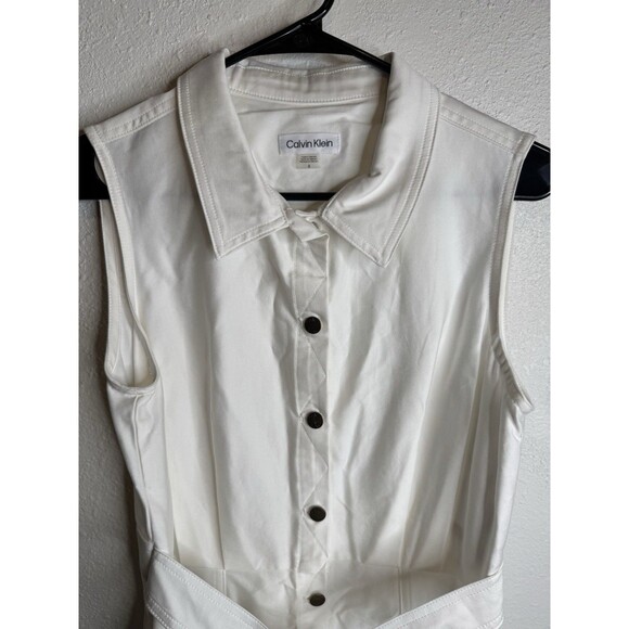 Calvin Klein Women’s White Sleeveless Shirt Dress Sz 8 Belted Button Front Hem - Picture 4 of 14